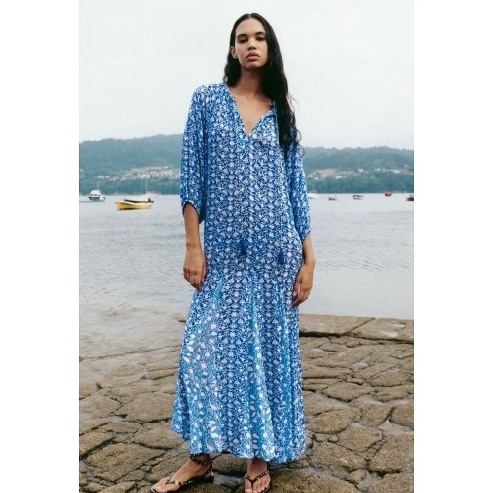 Zara Dotted Mesh Printed Midi Maxi Dress Blue Floral Tassel Boho Size S